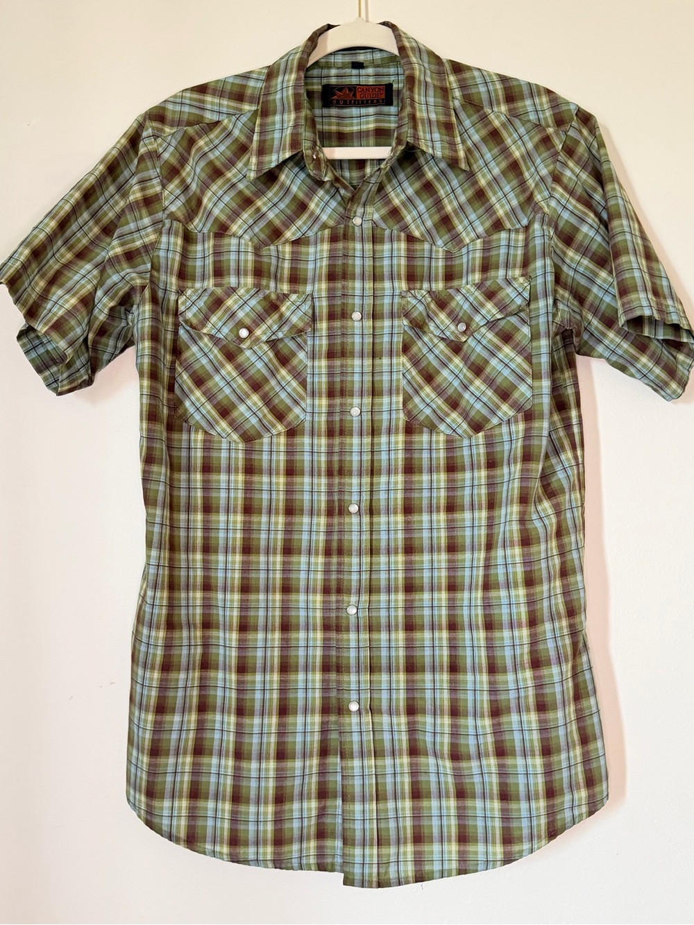 Men's Short-Sleeve Plaid Pearl Snap Shirt in Olive and Light Blue